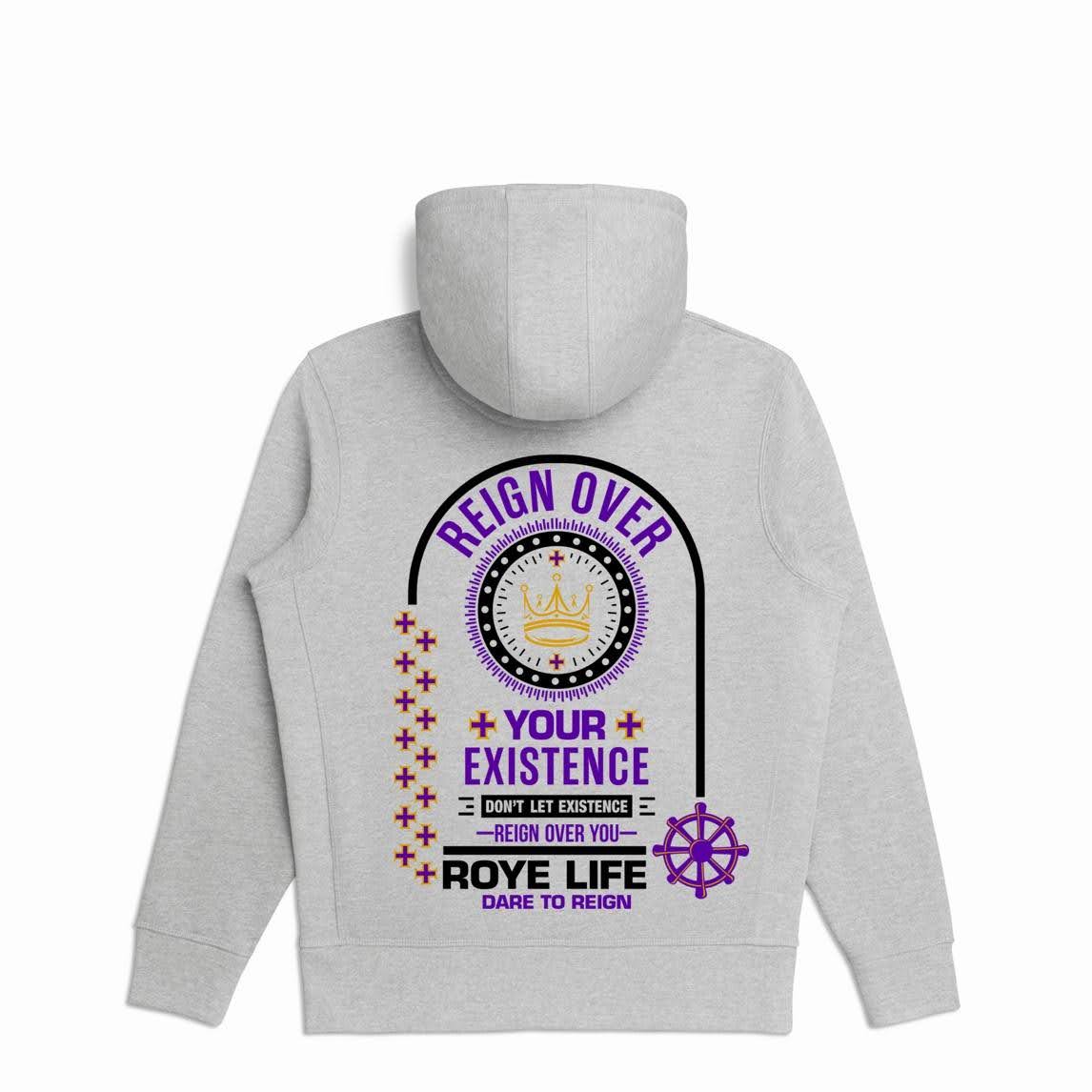 A gray hoodie with purple and white designs on it.