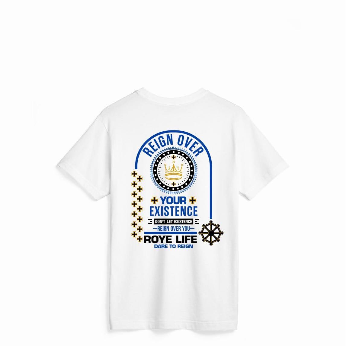 A white t-shirt with a clock and some other things