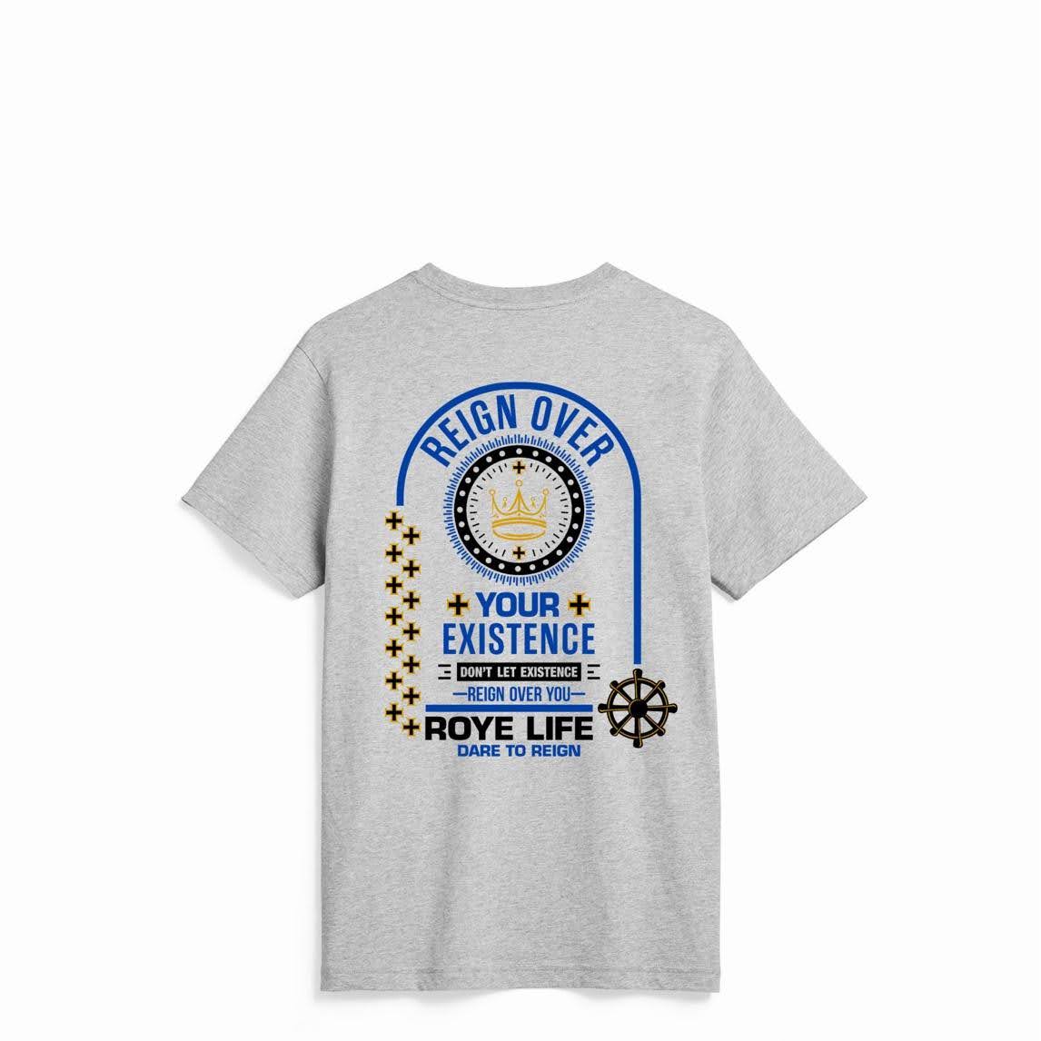 A gray t-shirt with a design on it.