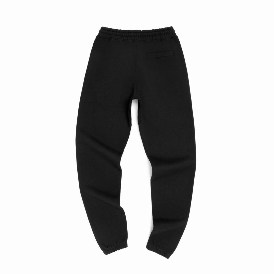 A black pair of sweatpants is shown from the back.