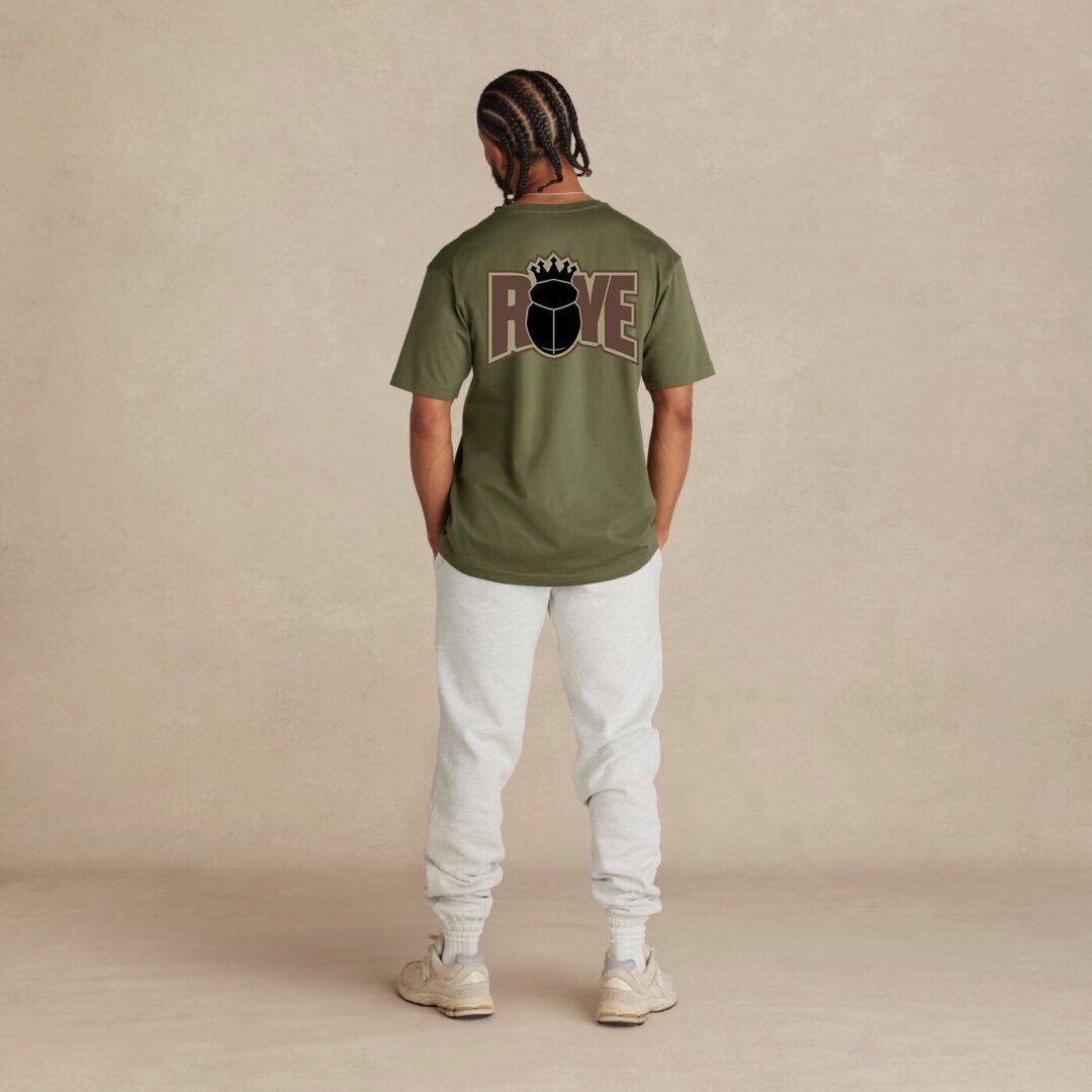 Olive green Roye Life Fortuna logo tee back view — CCCROYELIFE Conscious Culture Clothing Co refined streetwear rooted in awareness and movement.