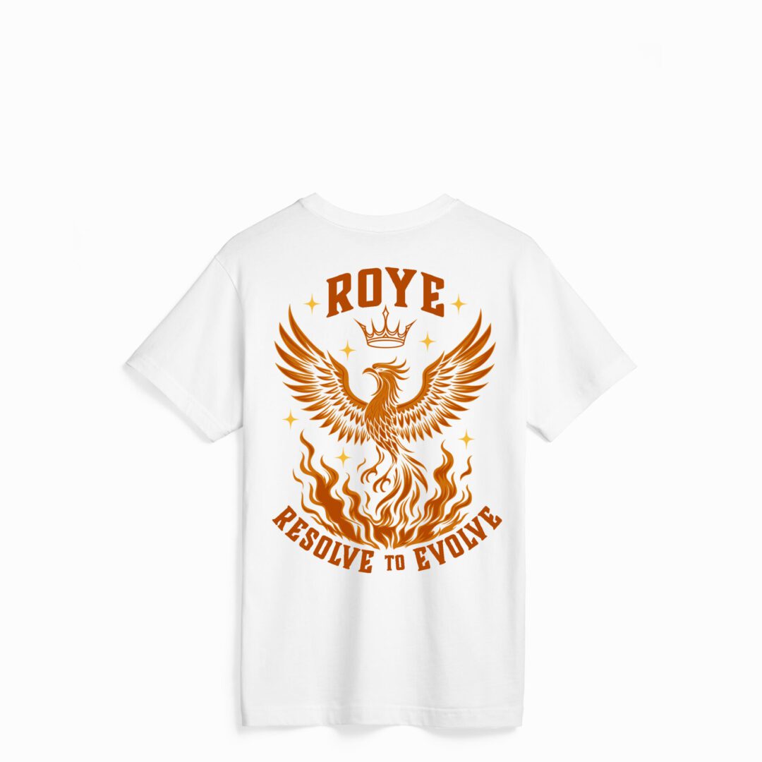 Back view of white ROYE Elevation short sleeve tee featuring bold orange phoenix and text — CCCROYELIFE New Drop streetwear symbolizing rebirth, resilience, and authenticity.