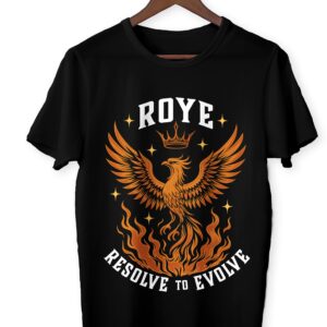 Front of Black ROYE Elevation Tee – Large Orange Phoenix with Grey/White Text