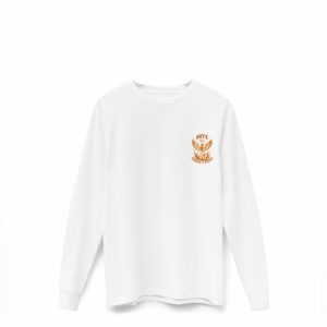 Front ROYE Elevation Long Sleeve Tee- White Shirt with bold all-orange phoenix and text design