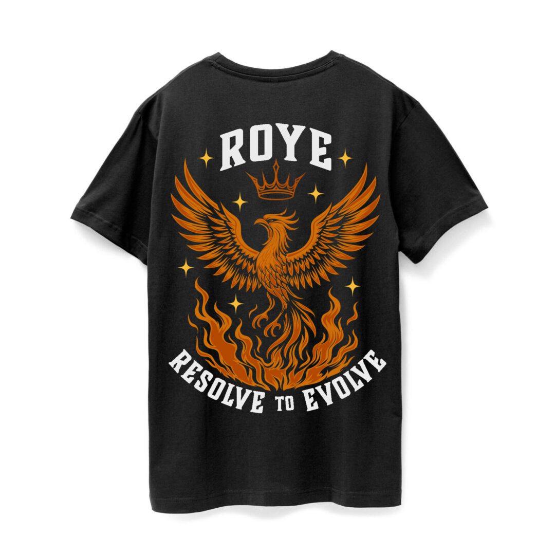 Back design of ROYE Elevation Tee – Orange and Gold Phoenix with Resolve to Evolve text on black tee