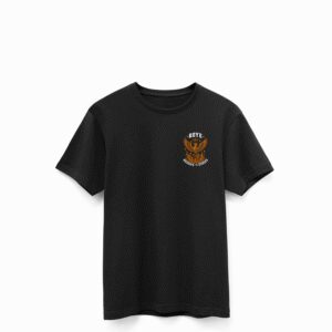 Front view of the Black ROYE Elevation Tee featuring bold orange phoenix and grey/white text print symbolizing power, authenticity, and evolution.
