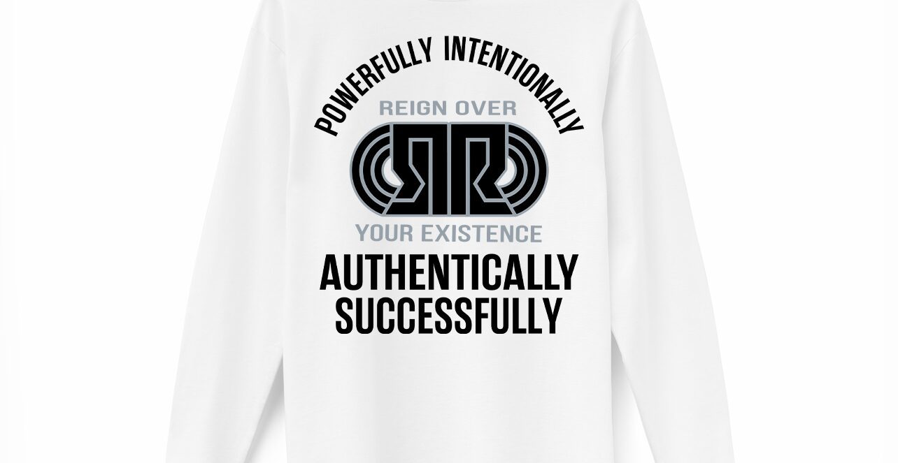 Front and back view of Roye Life Road To Success White Long Sleeve Tee featuring 'Success Begins With Authenticity' and mirrored Reflection Logo.