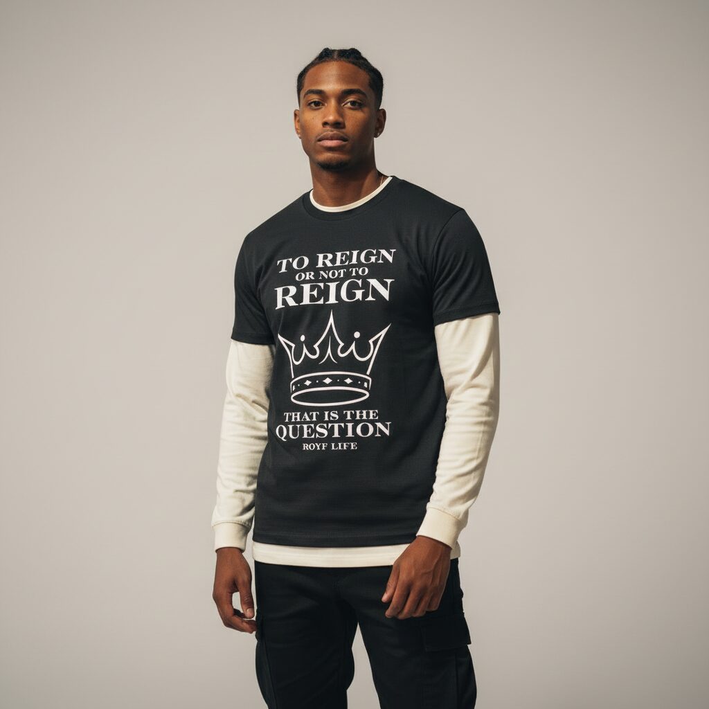 Studio portrait of a fit athletic male model wearing a black “To Reign or Not to Reign” Dilemma short-sleeve tee layered over a white long-sleeve undershirt, photographed against a clean neutral backdrop.
